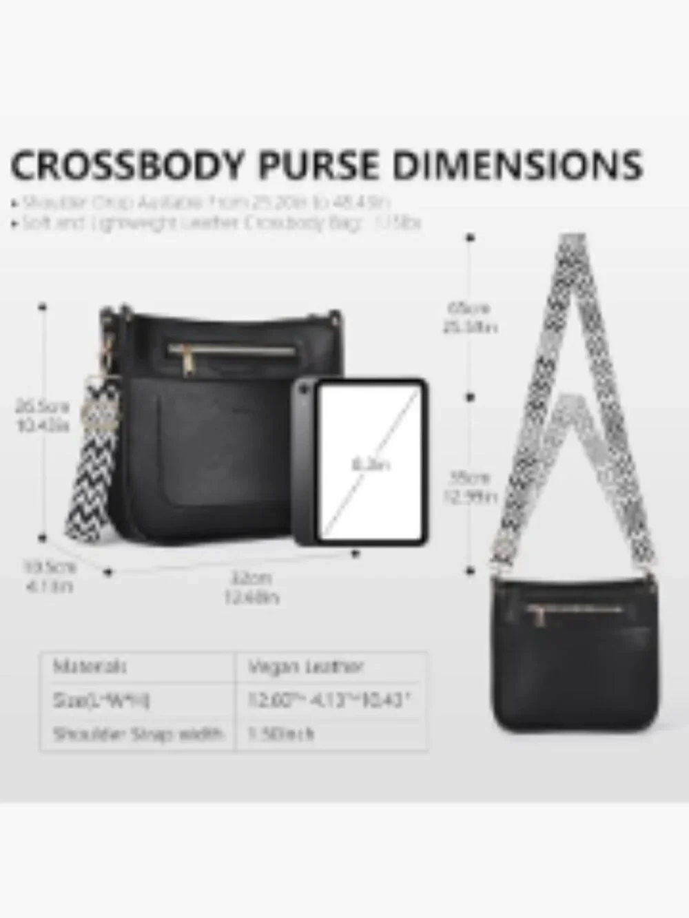 Vegan Leather Crossbody Bag with Adjustable Guitar Strap, 7 Pockets, Lightweight